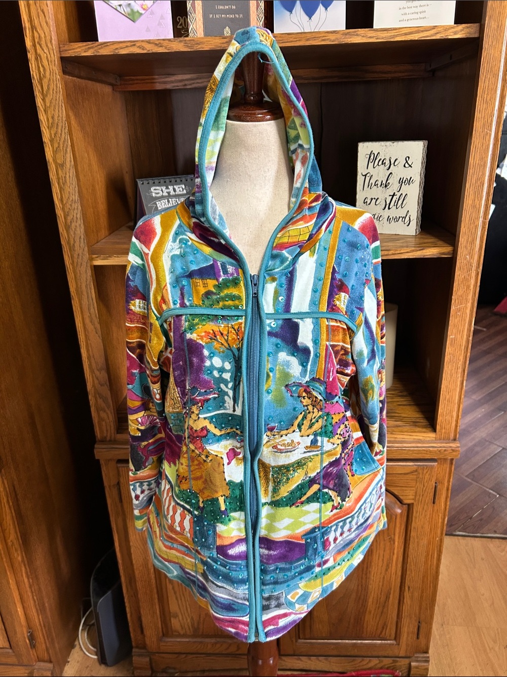 Vibrant Multicolor Hooded Sweatshirt Jacket - Teal Accents Size Medium